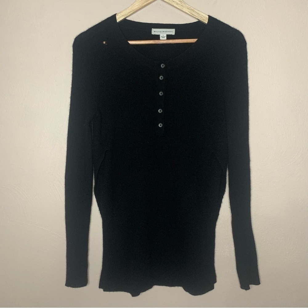 White + Warren Black Cashmere Ribbed Henley Tunic Sweater Size Small Flawed